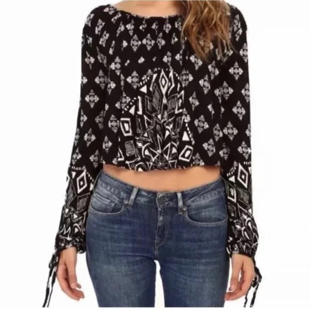 Free People‎ Linen Blend Dazed Swing Crop Top Black White Geo Print, Size Large